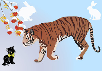 tiger, kitten and rabbits illustration
