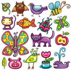Cartoon flora and fauna set