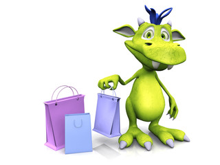 Fototapeta na wymiar Cute cartoon monster holding shopping bag.