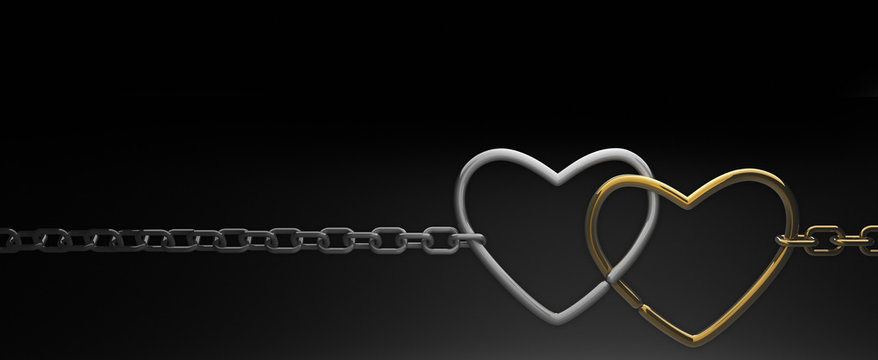 symbols hearts on a chain. on black background . 3d render