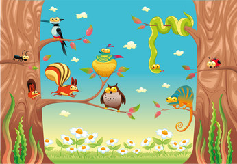 Obraz premium Funny animals on branches. Vector scene, isolated objects.