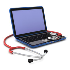 3d laptop with a stethoscope on it  isolated on white