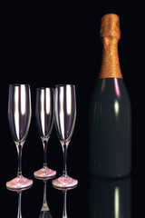 Champagne, bottle and glasses