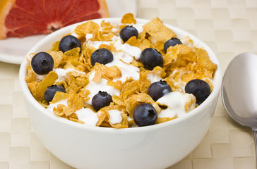 Breakfast cereal with blueberries, grapefruit.
