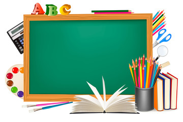 Back to school. Green desk with school supplies. Vector.