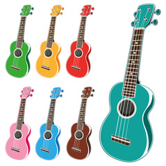 Illustration of colorful ukuleles