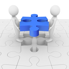 Teamwork: 3D anonymous characters assembling a jigsaw puzzle