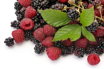 raspberries and blackberries on white background