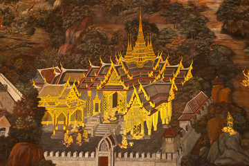 Traditional Thai style art painting on temple's wall