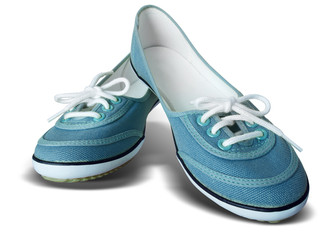 Blue fabric shoes on white background