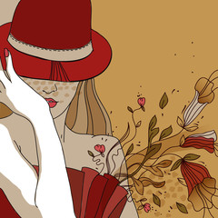 pretty woman in a red hat and dress with fantasy flowers - 29634307