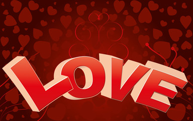 Red valentine background with big LOVE word and curls