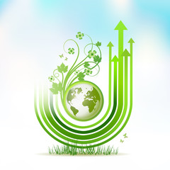 Green Earth with green arrow stripes over sky background