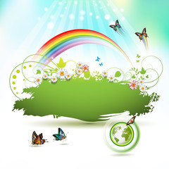 Green Earth background with flowers and butterflies