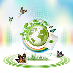 Green Earth with butterflies and envelope