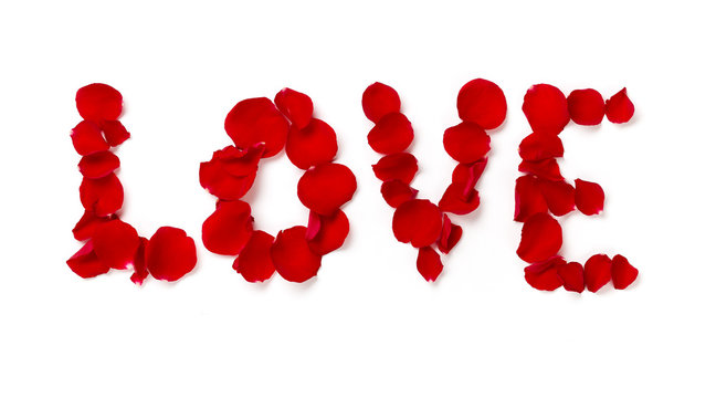 the word „love” written with rose petals