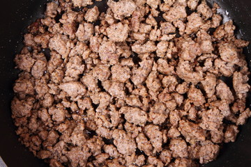 Minced meat being fried on a pan
