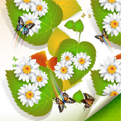 Flowers over leaves and butterflies