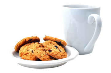 Oatmeal Cookies on Plate and Coffee Isolated