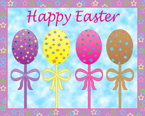 Colorful easter eggs and ribbons on blue background
