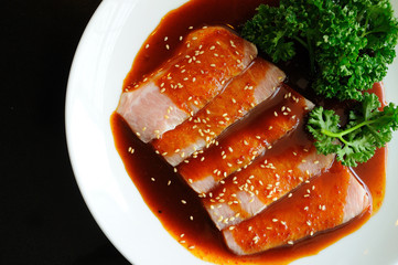 Sliced red pork and sauce for grilled BBQ