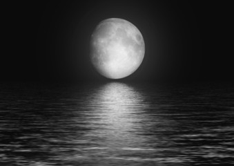 Fototapeta premium The full moon in the night sky reflected in water