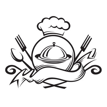 chef hat with spoon, fork and dish