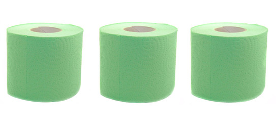 Three rolls of toilet paper green isolated on white background