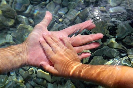 adult and children hands holding underwater
