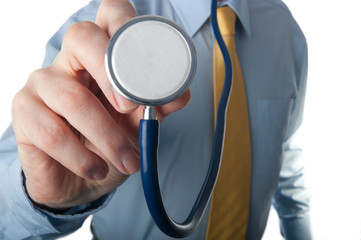 Doctor holds close up stethoscope