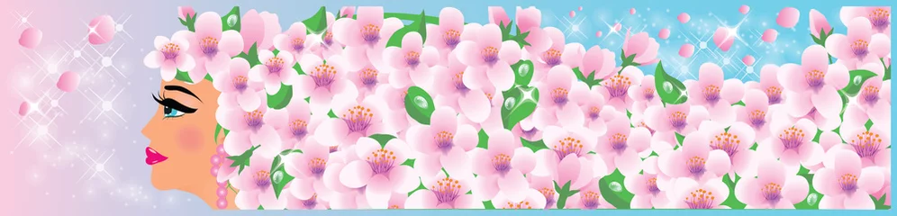 Fotobehang Lente banner met meisje en bloemen. vector illustratie © CaroDi