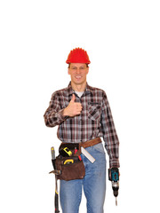 Young friendly construction worker, isolated on white background