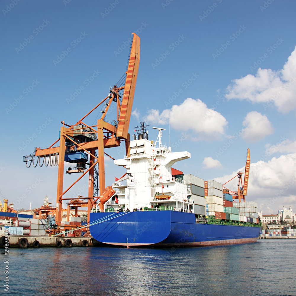 Canvas Prints Harbor with blue container ship