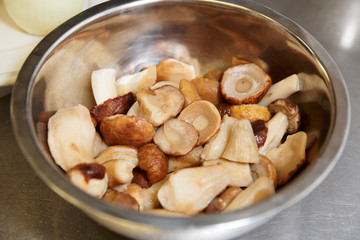 Mushrooms in stainless steel pot
