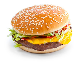 Hamburger closeup photo isolated on white