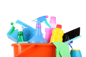 bucket with cleaning supplies isolated on white background