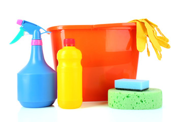 bucket with cleaning supplies isolated on white background