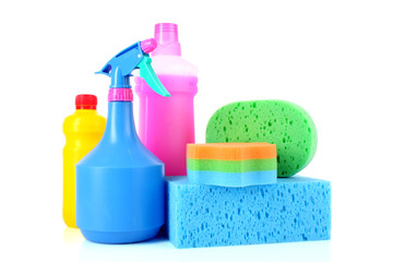 assorted cleaning products on white background