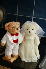 Groom and bride doll in kitchen