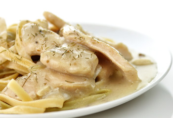 chicken with spinach pasta in a white plate , close up