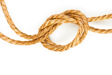 Macro of hemp rope with knot on white backgroung