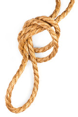 Macro of hemp rope with knot and loop on white backgroung