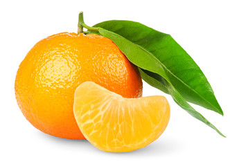 Isolated citrus fruit. One whole tangerine or mandarin orange and a peeled segment isolated on white background