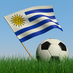 Naklejka premium Soccer ball in the grass and the flag of Uruguay