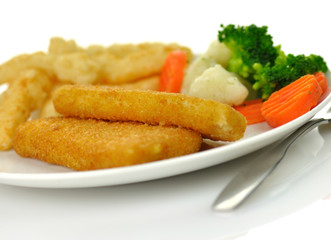 fish fillets with fried potato and vegetables,