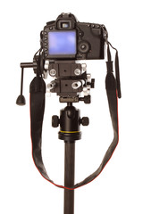 Professional modern digital camera on white