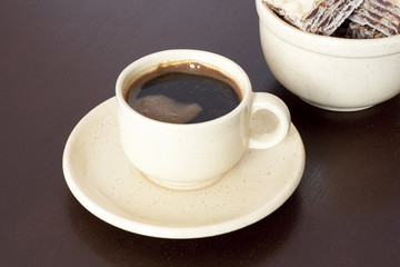 Black coffee with waffles