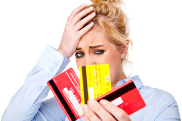 Money Debt Worries, Attractive Young Woman Holding Credit Cards