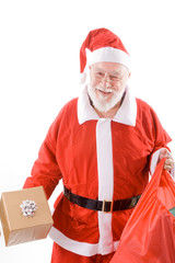 Happy Santa Suit Holding Present and Sack Isolated