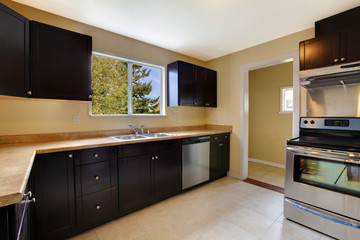 Kitchen black brown cabinets and new appliances